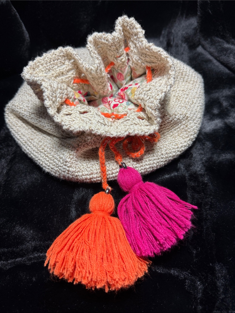Cream Knit Drawstring Bag with Orange & Pink Tassels